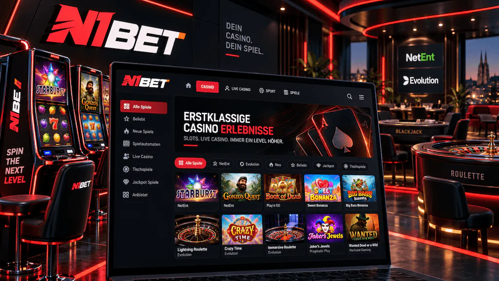 N1Bet Casino mit Spielautomaten, Live Casino und Tischspielen in einer modernen Casino-Oberfläche für Österreich.