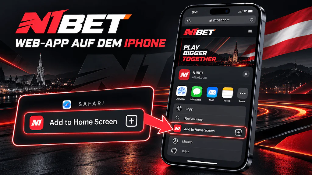 N1Bet Web-App auf dem iPhone mit Safari und der Funktion „Zum Home-Bildschirm“ für schnellen Zugriff in Österreich.