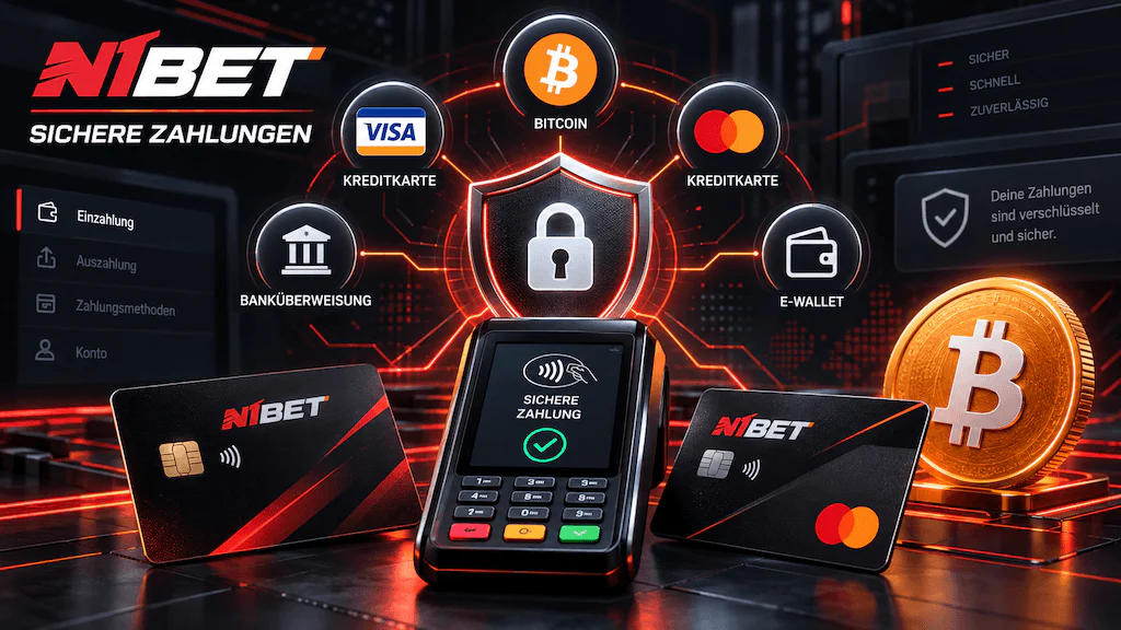 Sichere Zahlungsmethoden bei N1Bet mit Kreditkarten, Bitcoin, Banküberweisung und E-Wallet für Ein- und Auszahlungen.